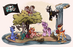 Size: 1970x1260 | Tagged: safe, artist:lonerdemiurge_nail, character:twilight sparkle, character:twilight sparkle (alicorn), oc, oc:dark wing, oc:midnight serenity, oc:mint mouse, oc:nail, oc:stoutbook, species:alicorn, species:bat pony, species:deer, species:earth pony, species:pegasus, species:pony, species:unicorn, abstract background, antlers, bat pony oc, coffee, coffee mug, cute, cute little fangs, cyrillic, fangs, female, flag, flying, fordeer, glasses, hanging, hanging upside down, magic, male, mare, mouth hold, mug, non-pony oc, original species, sitting, stallion, tree, waterfall