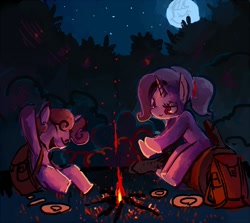 Size: 740x661 | Tagged: safe, artist:derekireba, character:rarity, character:sweetie belle, species:pony, species:unicorn, backpack, campfire, camping, duo, female, filly, full moon, mare, moon, night, outdoors, pixiv, siblings, sisters, sitting