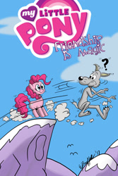 Size: 1024x1536 | Tagged: safe, artist:cartoon-eric, character:pinkie pie, oc, oc:fred wolfbane, species:pony, comic:pink. it's what's for dinner, cliff, comic, comic cover, mountain, this will end in pinkie antics, werewolf