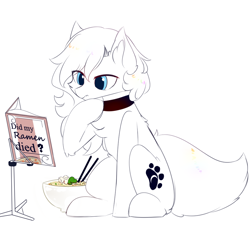 Size: 1000x960 | Tagged: safe, artist:heddopen, oc, oc only, oc:loulou, species:pony, book, chest fluff, confused, ear fluff, fluffy tail, food, jewelry, necklace, noodles, paw prints, pure white, ramen, silly, simple background, sitting, solo, thinking, white background