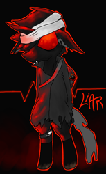 Size: 712x1165 | Tagged: safe, artist:lucas47-46, oc, oc only, oc:joshua lierfly, species:changeling, bandage, bipedal, clothing, edgy, edgy as fuck, fangs, male, red and black oc, red changeling, solo, torn clothes