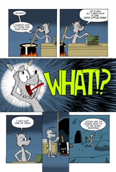 Size: 1024x1512 | Tagged: safe, artist:cartoon-eric, oc, oc:fred wolfbane, species:pony, comic:pink. it's what's for dinner, book, cave, comic, cookbook, cooking pot, courage the cowardly dog, exclamation point, fire, interrobang, mailbox, question mark, rope