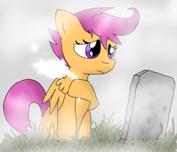 Size: 559x481 | Tagged: safe, artist:lucas47-46, character:scootaloo, species:pegasus, species:pony, alternate timeline, female, filly, gravestone, implied death, sad, solo