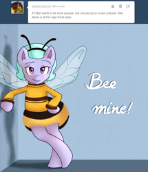 Size: 750x872 | Tagged: safe, artist:marikaefer, character:flitter, species:pony, animal costume, ask flitter and cloudchaser, bee costume, bipedal, bipedal leaning, clothing, costume, female, leaning, solo