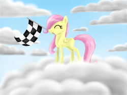 Size: 960x720 | Tagged: safe, artist:lavenderrain24, character:fluttershy, species:pegasus, species:pony, episode:the cutie mark chronicles, g4, my little pony: friendship is magic, blank flank, cloud, cute, eyes closed, female, filly, filly fluttershy, flag, mouth hold, on a cloud, scene interpretation, shyabetes, solo, speedpaint available, younger