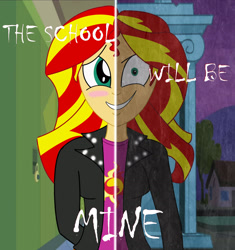 Size: 2164x2298 | Tagged: safe, artist:anonix123, character:sunset shimmer, equestria girls:equestria girls, g4, my little pony: equestria girls, my little pony:equestria girls, blushing, edgy, evil, evil grin, female, grin, looking at you, smiling, solo, two sided posters, two sides
