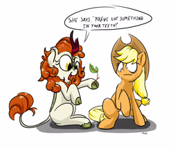 Size: 2800x2400 | Tagged: safe, artist:rocket-lawnchair, character:applejack, character:autumn blaze, species:earth pony, species:kirin, species:pony, autumn blaze's puppet, clothing, duo, duo female, female, hat