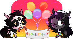 Size: 2818x1515 | Tagged: safe, artist:amberpone, oc, oc only, species:pony, species:unicorn, balloon, big head, birthday, black hair, blank flank, brown eyes, clothing, commission, cute, digital art, glasses, hat, hoodie, invader zim, lighting, long hair, looking at you, magic, male, one eye closed, paint tool sai, rainbow, shading, simple background, stallion, standing, three eyes, transparent background, yellow eyes