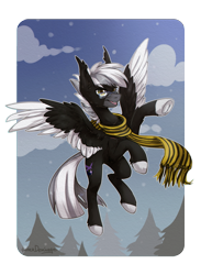 Size: 764x1046 | Tagged: safe, artist:lonerdemiurge_nail, oc, oc:midnight serenity, species:pegasus, species:pony, clothing, fangs, flying, frog (hoof), glasses, scarf, simple background, solo, transparent background, tree, underhoof, unshorn fetlocks