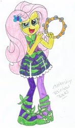 Size: 1251x2126 | Tagged: safe, artist:xxfluffypachirisuxx, character:fluttershy, equestria girls:rainbow rocks, g4, my little pony: equestria girls, my little pony:equestria girls, clothing, female, hairpin, high heels, musical instrument, open mouth, pantyhose, rainbow rocks outfit, shoes, skirt, solo, tambourine, traditional art