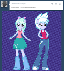 Size: 646x714 | Tagged: safe, artist:marikaefer, character:cloudchaser, character:flitter, my little pony:equestria girls, ask flitter and cloudchaser, boots, bow, clothing, cute, equestria girls-ified, miniskirt, pants, pony ears, shirt, shoes, skirt