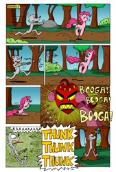 Size: 1024x1512 | Tagged: safe, artist:cartoon-eric, character:pinkie pie, oc, oc:fred wolfbane, species:pony, comic:pink. it's what's for dinner, arrows, chase, comic, courage the cowardly dog, crossbow, forest, mask, screaming