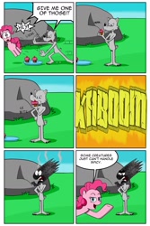 Size: 1024x1536 | Tagged: safe, artist:cartoon-eric, character:pinkie pie, oc, oc:fred wolfbane, comic:pink. it's what's for dinner, comic, cupcake, explosion, food