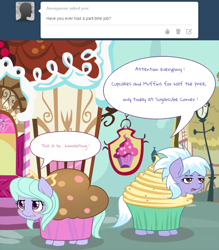 Size: 750x856 | Tagged: safe, artist:marikaefer, character:cloudchaser, character:flitter, species:pony, ask flitter and cloudchaser, cupcake costume, embarrassed, sugarcube corner