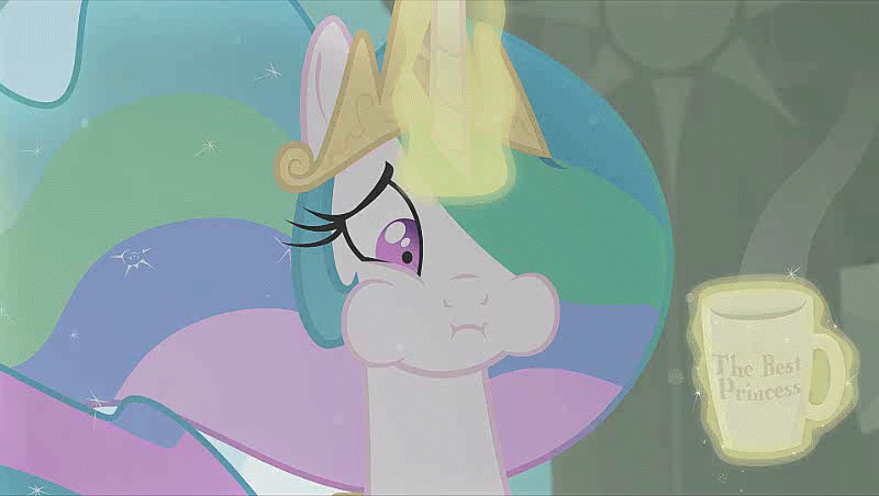 Size: 800x452 | Tagged: safe, artist:brutalweather studio, character:princess celestia, species:alicorn, species:pony, animated, female, gif, glowing horn, horn, magic, mug, show accurate, solo, sweat, sweating profusely, worried, youtube link