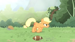 Size: 1702x957 | Tagged: safe, artist:brutalweather studio, character:applejack, species:earth pony, species:pony, american football, broken leg, female, forest, mare, ponyville's incident, show accurate, solo, sports, stretching