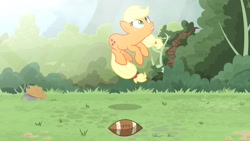 Size: 1702x957 | Tagged: safe, artist:brutalweather studio, character:applejack, species:pony, american football, cartoon physics, derp, forest, great moments in animation, midair, ponyville's incident, show accurate, sports, stretching, this isn't even my final form