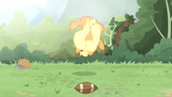 Size: 1702x957 | Tagged: safe, artist:brutalweather studio, character:applejack, species:pony, american football, derp, face down ass up, forest, midair, ponyville's incident, show accurate, sports, stretching