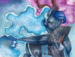 Size: 1029x781 | Tagged: safe, artist:pingwinowa, character:princess luna, species:alicorn, species:pony, blushing, clothing, ear piercing, earring, fan, female, hand fan, jewelry, kimono (clothing), lidded eyes, looking at you, mare, paper fan, piercing, solo, traditional art, watercolor painting