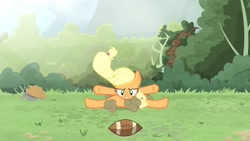 Size: 1702x957 | Tagged: safe, artist:brutalweather studio, character:applejack, species:pony, american football, derp, forest, gritted teeth, landing, literal butthurt, lol, ponyville's incident, show accurate, smack, smack dat ass, sports, this is going to hurt, this will end in pain