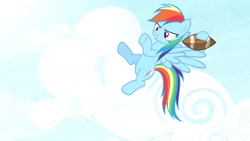 Size: 1702x957 | Tagged: safe, artist:brutalweather studio, character:rainbow dash, species:pony, american football, cloud, featureless crotch, flying, midair, sky, sports, throwing