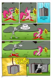Size: 1024x1536 | Tagged: safe, artist:cartoon-eric, character:pinkie pie, oc, oc:fred wolfbane, species:pony, comic:pink. it's what's for dinner, cartoon physics, comic, flower, pinkie sense, safe (object), sunflower, x