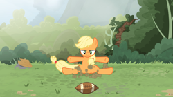 Size: 3840x2160 | Tagged: safe, artist:brutalweather studio, character:applejack, species:pony, american football, derp, forest, landing, literal butthurt, lol, ponyville's incident, show accurate, smack, smack dat ass, sports, this is going to hurt, this will end in pain