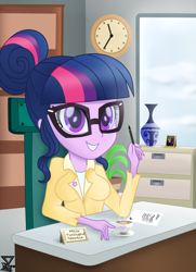 Size: 2500x3448 | Tagged: safe, artist:theretroart88, character:timber spruce, character:twilight sparkle, character:twilight sparkle (scitwi), species:eqg human, my little pony:equestria girls, breasts, busty twilight sparkle, coffee, female, grin, groucho marx psyche out, legend of everfree - bloopers, office, picture, smiling, solo, working