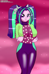 Size: 663x1000 | Tagged: safe, artist:chuyryu, character:aria blaze, episode:find the magic, equestria girls:sunset's backstage pass, g4, my little pony: equestria girls, my little pony:equestria girls, spoiler:eqg series (season 2), big breasts, breasts, busty aria blaze, crossed arms, female, hips, looking at you, pigtails, polka dots, sexy, tsundaria, tsundere, twintails