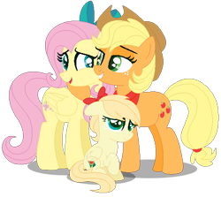 Size: 570x508 | Tagged: safe, artist:awoomarblesoda, character:applejack, character:fluttershy, oc, oc:apple juice, parent:applejack, parent:fluttershy, parents:appleshy, species:pegasus, species:pony, ship:appleshy, female, filly, lesbian, magical lesbian spawn, offspring, shipping, simple background, transparent background