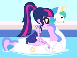 Size: 2048x1536 | Tagged: safe, artist:draymanor57, derpibooru original, character:princess celestia, character:twilight sparkle, character:twilight sparkle (scitwi), species:eqg human, episode:i'm on a yacht, g4, my little pony: equestria girls, my little pony:equestria girls, spoiler:eqg series (season 2), clothing, female, floating, floaty, inflatable, inflatable pony, inflatable toy, objectification, one-piece swimsuit, pool toy, sleeveless, solo, swanlestia, swimming pool, swimsuit
