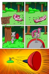 Size: 1024x1536 | Tagged: safe, artist:cartoon-eric, character:pinkie pie, oc, oc:fred wolfbane, species:earth pony, species:pony, comic:pink. it's what's for dinner, comic, grass field, gun, rolling, sign, suction cup, weapon