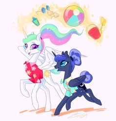 Size: 1280x1344 | Tagged: safe, artist:creeate97, character:princess celestia, character:princess luna, species:alicorn, species:pony, episode:between dark and dawn, g4, my little pony: friendship is magic, alternate hairstyle, beach ball, bucket, clothing, cute, cutelestia, duo, female, hair bun, hawaiian shirt, lunabetes, mare, open mouth, ponytail, royal sisters, shirt, shovel, sunglasses, sunscreen