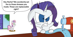 Size: 1500x761 | Tagged: safe, artist:rainbowbacon, character:rarity, character:sweetie belle, species:pony, species:unicorn, angry, duo, duo female, female, filly, mare, mismatched eyes, sewing, sewing machine, smoke