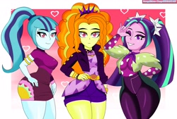Size: 4146x2798 | Tagged: safe, artist:swagalicious-tony, character:adagio dazzle, character:aria blaze, character:sonata dusk, episode:find the magic, g4, my little pony: equestria girls, my little pony:equestria girls, spoiler:eqg series (season 2), bracelet, clothing, dress, female, headband, hips, jacket, jewelry, leather jacket, looking at you, one eye closed, pigtails, polka dots, ponytail, sexy, shorts, smiling, spiked headband, spiked wristband, stupid sexy adagio dazzle, stupid sexy aria blaze, stupid sexy dazzlings, stupid sexy sonata dusk, taco dress, the dazzlings, the dazzlings have returned, thick, thighs, trio, trio female, twintails, wide hips, wink, wristband