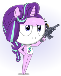 Size: 3000x3760 | Tagged: safe, artist:keronianniroro, character:starlight glimmer, species:anthro, alien, crossover, cute, female, frog, gun, hybrid, i mean i see, keponian, keronian, sergeant frog, solo, species swap, trigger discipline, weapon