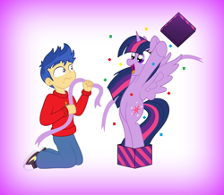 Size: 1330x1159 | Tagged: safe, artist:bbbhuey, artist:blanishna, character:flash sentry, character:twilight sparkle, character:twilight sparkle (alicorn), species:alicorn, species:pony, ship:flashlight, my little pony:equestria girls, arms in the air, behaving like pinkie pie, bipedal, box, christmas gift, christmas sweater, clothing, confetti, female, gradient background, hearth's warming, human flash sentry x pony twilight, interspecies, kneeling, looking at each other, male, mare, open mouth, popping out, present, ribbon, shipping, show accurate, smiling, story included, straight, surprise!, surprised, sweater
