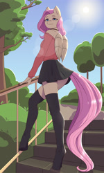Size: 2400x4010 | Tagged: safe, artist:pewas, character:fluttershy, species:anthro, species:pegasus, species:pony, species:unguligrade anthro, blouse, clothing, female, mare, miniskirt, outdoors, skirt, smiling, socks, solo, stockings, thigh highs, zettai ryouiki