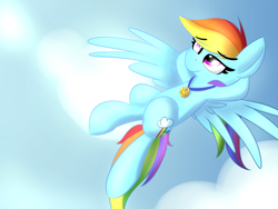 Size: 1600x1200 | Tagged: safe, artist:nevaylin, character:rainbow dash, species:pegasus, species:pony, newbie artist training grounds, cloud, female, flying, hooves behind head, lidded eyes, mare, medal, relaxing, sky, smiling, solo
