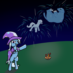 Size: 2000x2000 | Tagged: safe, artist:tunrae, character:trixie, species:pony, species:unicorn, newbie artist training grounds, atg 2019, boasting, cape, clothing, fireworks, hat, standing, ursa minor