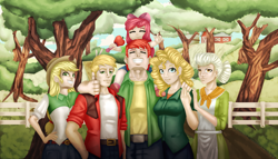 Size: 2000x1142 | Tagged: safe, artist:brother-lionheart, character:apple bloom, character:applejack, character:big mcintosh, character:bright mac, character:granny smith, character:pear butter, species:human, apple family, family, fence, humanized, tree