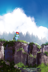 Size: 3200x4800 | Tagged: safe, artist:thefloatingtree, character:rainbow dash, species:pegasus, species:pony, newbie artist training grounds, atg 2019, cliff, cloud, female, forest, grin, mare, scenery, sky, smiling, solo