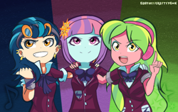 Size: 1108x702 | Tagged: safe, artist:graytyphoon, character:indigo zap, character:lemon zest, character:sunny flare, equestria girls:friendship games, g4, my little pony: equestria girls, my little pony:equestria girls, bow tie, clothing, crystal prep academy, crystal prep academy uniform, crystal prep shadowbolts, female, goggles, headphones, school uniform, trio