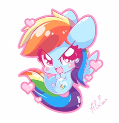 Size: 2040x2100 | Tagged: safe, artist:hungrysohma, character:rainbow dash, species:pegasus, species:pony, :3, blushing, chibi, cute, cute little fangs, dashabetes, eye clipping through hair, fangs, female, heart, open mouth, simple background, solo, white background