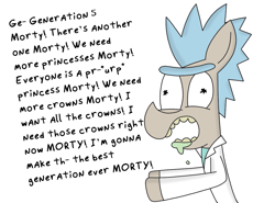 Size: 1539x1140 | Tagged: safe, artist:rainbowbacon, character:pony rick, species:pony, newbie artist training grounds, episode:grannies gone wild, adult swim, atg 2019, morty smith, ponified, princess, rick and morty, rick sanchez, solo
