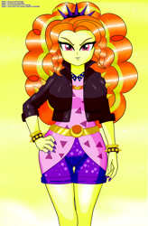 Size: 656x1000 | Tagged: safe, artist:chuyryu, character:adagio dazzle, episode:find the magic, equestria girls:sunset's backstage pass, g4, my little pony: equestria girls, my little pony:equestria girls, spoiler:eqg series (season 2), bracelet, clothing, headband, jacket, jewelry, leather jacket, looking at you, nail polish, shorts, simple background, spiked headband, spiked wristband, wristband, yellow background