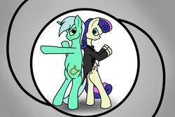 Size: 3000x2000 | Tagged: safe, artist:tunrae, character:bon bon, character:lyra heartstrings, character:sweetie drops, species:earth pony, species:pony, species:unicorn, newbie artist training grounds, ship:lyrabon, atg 2019, back to back, background pony, bon bond, bow tie, clothing, crossover, duo, female, james bond, lesbian, mare, rifling, shipping, simple background, standing, tuxedo