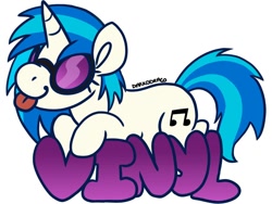 Size: 900x676 | Tagged: safe, artist:darkodraco, character:dj pon-3, character:vinyl scratch, species:pony, species:unicorn, badge, derp, female, mare, simple background, smiling, solo, sunglasses, tongue out, vinyl's glasses, white background