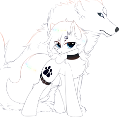 Size: 1000x1000 | Tagged: safe, artist:heddopen, oc, oc only, oc:loulou, species:pony, species:wolf, belt, chest fluff, ear fluff, female, fluffy, fluffy tail, hairpin, jewelry, looking at you, mare, necklace, pure white, solo