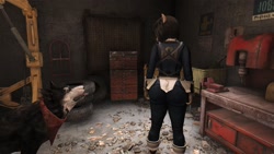 Size: 1360x768 | Tagged: safe, artist:defector, oc, oc:epsilon, species:anthro, 3d, anthro oc, clothing, dogmeat, fallout, fallout 4, femboy, male, rear view, solo, the ass was fat, vault suit, wide hips
